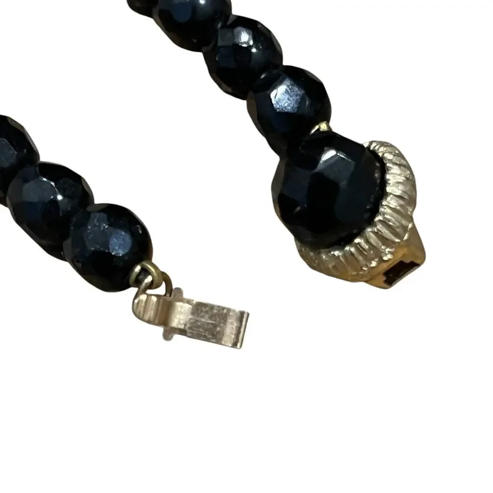 Vintage Glass Necklace Faceted Black Beads 7.5mm Unique Detailed Box Clasp 22”